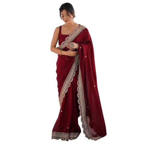 Women's Vichitra Silk Embellished Saree With Unstitched Blouse Piece